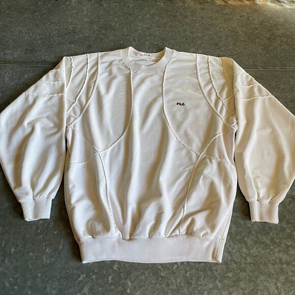 Vintage Fila Made in Italy Pockets Crewneck Sweatshirt 34 White Cream Geometric - Picture 2 of 16